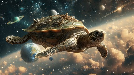 This 3D showcases a serene turtle drifting in space with an urban civilization atop, a metaphor for tranquility and sustainability, apt for educational or inspirational content - obrazy, fototapety, plakaty