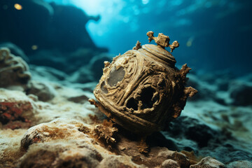 scuba diver underwater exploring ancient amphoras - obrazy, fototapety, plakaty