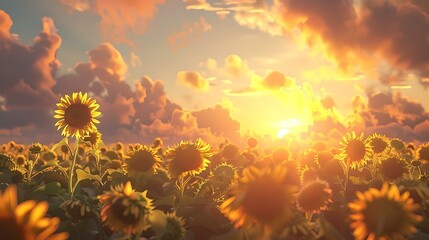 Glowing sunset over vibrant sunflower field - nature's serene beauty