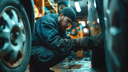 A mechanic in a dark blue jumpsuit changing a car break at auto repair shop. Generative AI. - obrazy, fototapety, plakaty