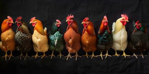 A diverse array of colorful chicken breeds against a black background. Concept Chicken Photography, Colorful Breeds, Black Background, Diverse Array, Animal Portraits - obrazy, fototapety, plakaty