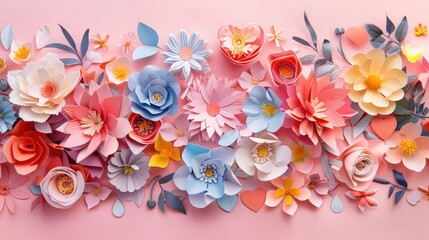 Bouquet of beautiful spring flowers and paper hearts on pastel pink table for Happy mothers day....