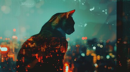 Silhouette of a cat overlooking a vibrant cityscape at night, a modern artistic rendering that could be used for technology themes or introspective concepts, with ample space for text.