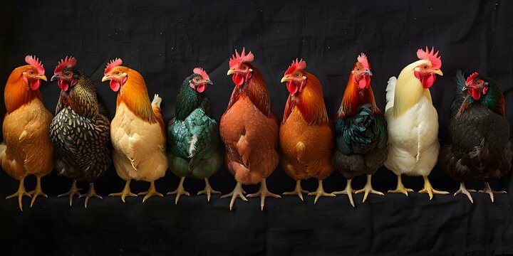 A diverse array of colorful chicken breeds against a black background. Concept Chicken Photography, Colorful Breeds, Black Background, Diverse Array, Animal Portraits