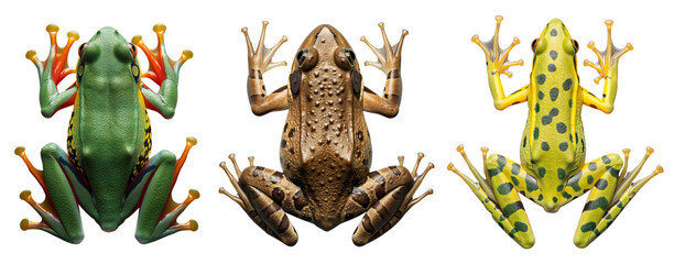 Collection of exotic frogs. View from above. Isolated on a transparent background.