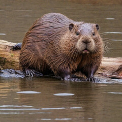The Canadian river beaver. An aquatic mammal living by the pond. A big fluffy brown funny beaver.