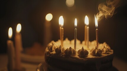 closeup of some unlit candles and just one lit candle after blowing out the cake
