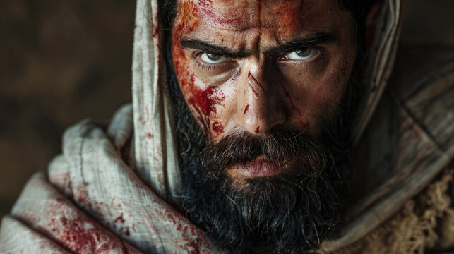 Close-up portrait of a serious face of Jesus with a beard and shawl looking at camera. Blood on his face