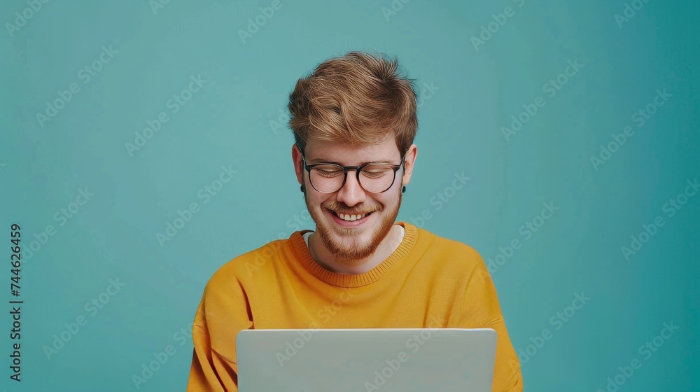 Poster Happy millennial guy using laptop computer on blue studio background to do online work or communicate