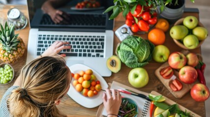 Confident nutritionist working at desk with fresh fruit