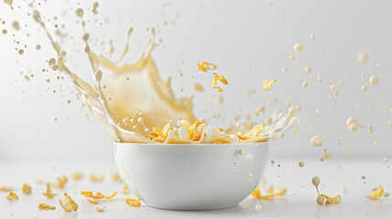 Corn flakes with milk splash in white bowl isolated on white background. - Powered by Adobe