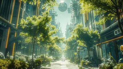 A street trip through the future city, in harmony with nature. Generative AI.