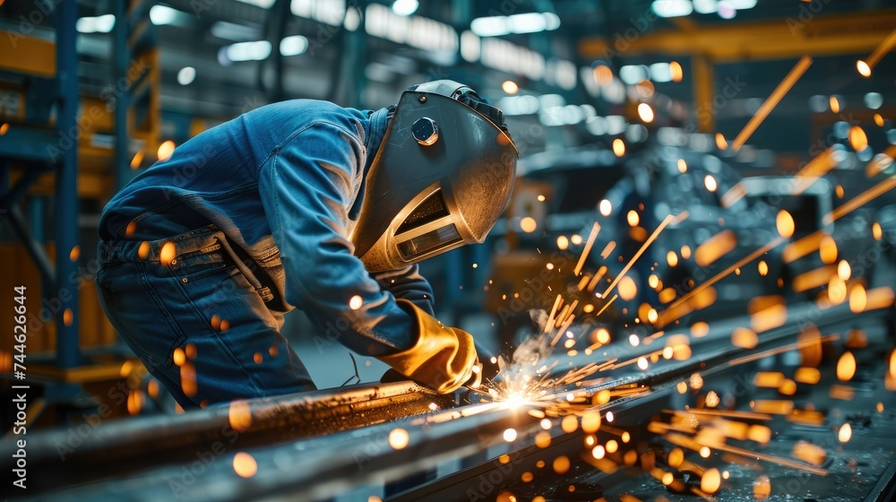 Poster A welder in a car factory. It welds the part of the car. The wheel is missing. Generative AI.