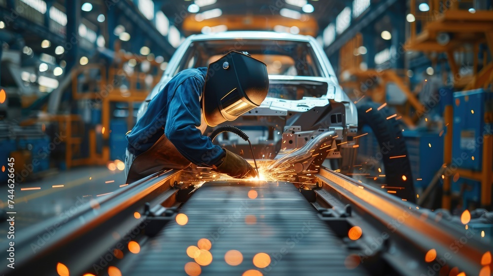 Poster A welder in a car factory. It welds the part of the car. The wheel is missing. Generative AI.