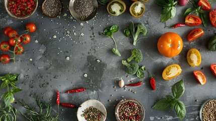 Fototapeta na wymiar Different vegetables, seeds and fruits on grey table, flat lay. Healthy diet
