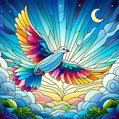 A colourful stained glass winged dove flying in the sky, colourful, illustration,Ai generated 