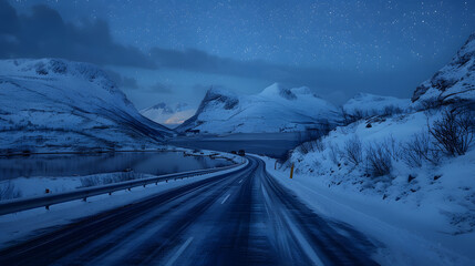 Photo of a view of automobile driving on empty mountainous road in winter under night sky glowing stars of milky way
