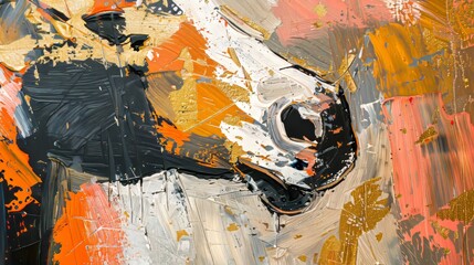 The subject of this abstract oil painting is horse, art painting, gold, wall art, modern artwork, paint spots, paint strokes, knife art. This oil painting is large stroke, mural, and art wall.