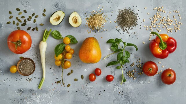 Different vegetables, seeds and fruits on grey table, flat lay. Healthy diet