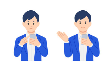 スマホを見る･案内のポーズをするビジネスパーソン男性のセット【人物ベクターイラスト素材】