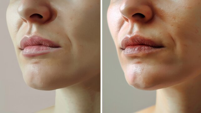 An injection of hyaluronic acid in the lips of women. A comparison of the before and after results of lip correction treatments.