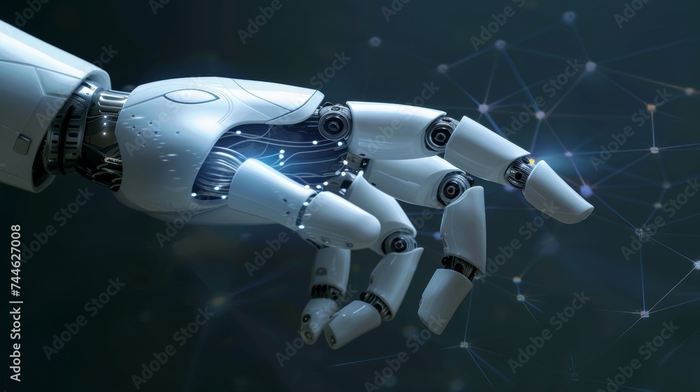 Poster A hand-touching digital chatbot for providing access to information and data in online networks, robot applications, and global connections like AI, Artificial Intelligence, innovation, and