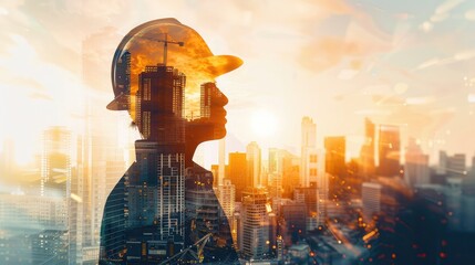 Future building construction engineering project concept with double exposure graphic design. Building engineer, architect people or construction worker working with modern civil equipment
