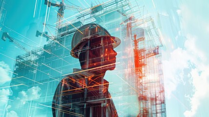 Future building construction engineering project concept with double exposure graphic design. Building engineer, architect people or construction worker working with modern civil equipment