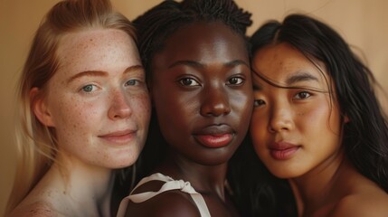 Various ethnicity women smiling and posing against a beige background - Caucasian, African, and Asian women of different skin tones. - obrazy, fototapety, plakaty