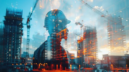 Future building construction engineering project concept with double exposure graphic design. Building engineer, architect people or construction worker working with modern civil equipment - obrazy, fototapety, plakaty