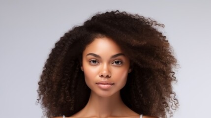 Portrait of young African women with wavy hair and natural make-up on white background