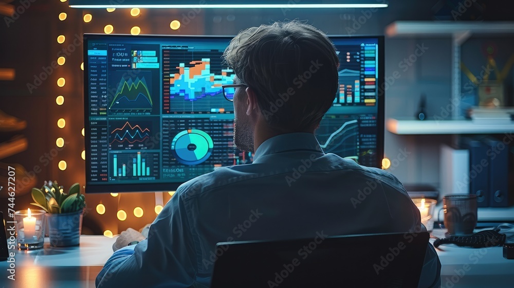 Poster A man working with statistics on a computer, data analysis, freelance. Generative AI.