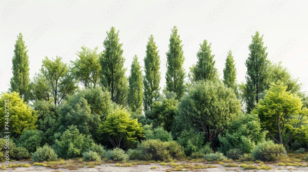 Aufkleber An isolated row of trees and shrubs with a forest and foliage in summer.