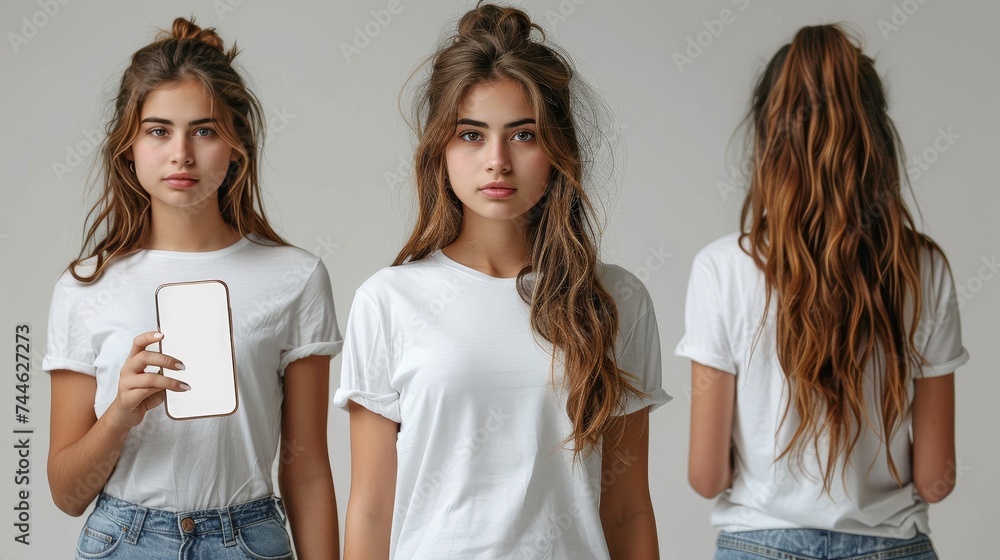 Poster set of different angles and positions of a woman holding a mobile phone