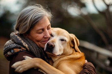 Affectionate mature woman hugging her joyful labrador, reflecting a strong bond and companionship outdoors, Generative AI