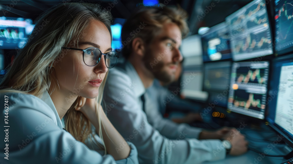 Leinwandbilder A male and female stock option traders on a multi screen trading computer in a modern high tech office working under pressure against the time. Generative AI.