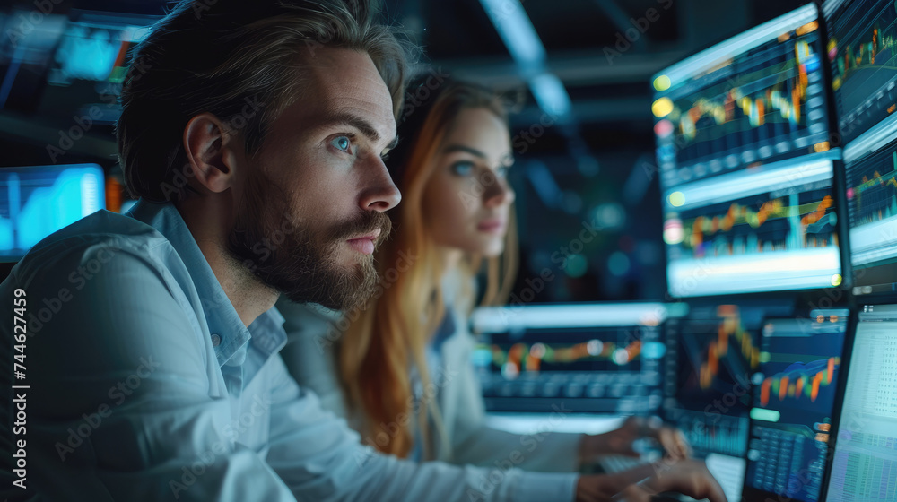 Aufkleber A male and female stock option traders on a multi screen trading computer in a modern high tech office working under pressure against the time. Generative AI.