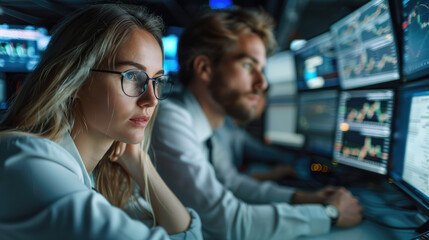 A male and female stock option traders on a multi screen trading computer in a modern high tech office working under pressure against the time. Generative AI.