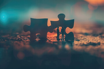 connecting couple puzzle piece, new project start up, success, goals target, business, love, connection concept - obrazy, fototapety, plakaty