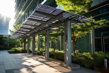 Solar panel pergola in urban setting, showcasing clean energy innovation with bifacial photovoltaic cells, Generative AI