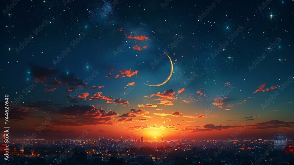 Poster the crescent moon and star on a dusk sky with the beautiful sunset behind it, adding arabic text to 