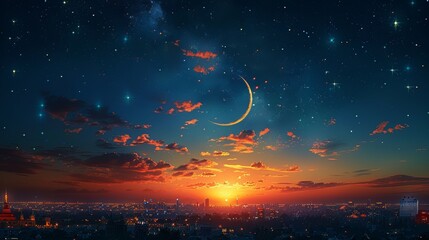 Obraz na płótnie Canvas The crescent moon and star on a dusk sky with the beautiful sunset behind it, adding arabic text to it, Ramadan, Eid al-Adha, and Eid al-Fitr, Mubarak.