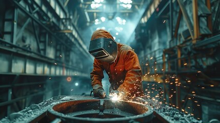 A skilled welder works in an industrial plant. welder works production of metal structures. Generative AI. - obrazy, fototapety, plakaty