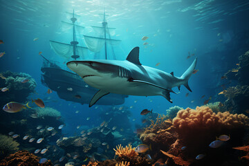 Fototapeta na wymiar Sea or ocean underwater with sharks and sunken treasure