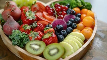 Nutritional food for heart health wellness by cholesterol diet and healthy nutrition eating with clean fruits and vegetables in heart dish by nutritionist and doctor recommended