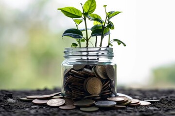 Fototapeta na wymiar Thriving green plant growing in clear jar filled with coins, socially responsible investing with strong environmental, social and corporate governance, Generative AI