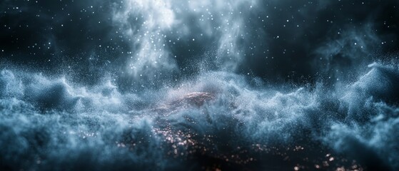The motion of white powder exploding is frozen on a black, dark background. White dust clouds are abstractly designed. Particles explosion wallpapers with copy space. Concept of planet creation.