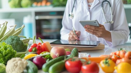 nutritionist female doctor using digital mobile tablet with virtual graphic icon diagram and vegetable and fruit with patient on desk at office hospital, nutrition, food science, healthy food concept