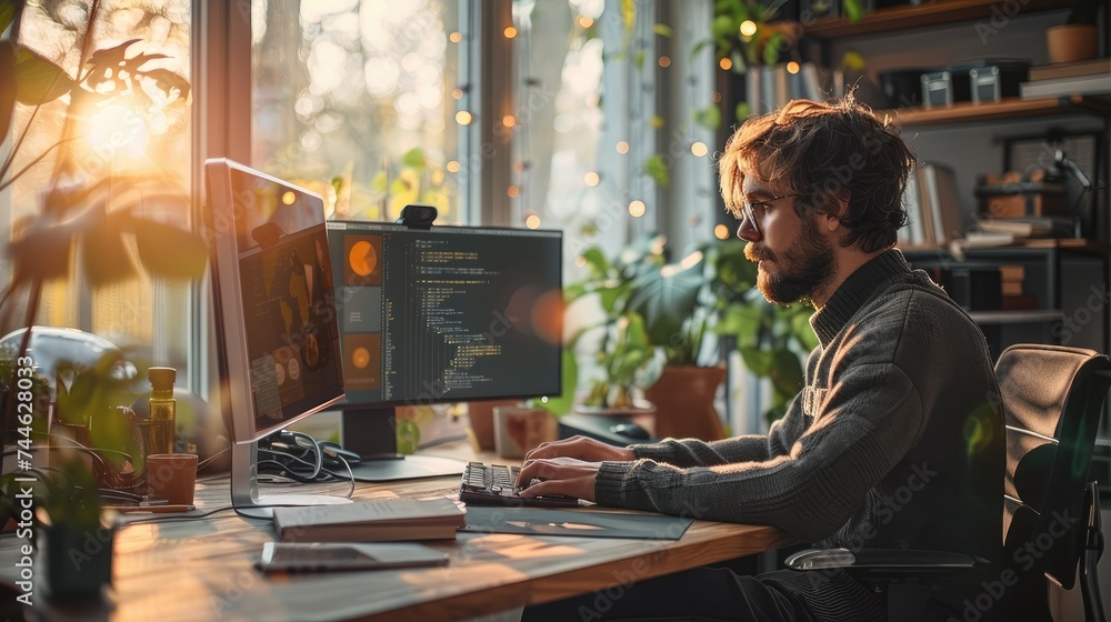 Aufkleber A programmer engrossed in work at their computer station in a well-lit, inviting environment, clearly enjoying work. Generative AI.