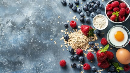 Organic ingredients for healthy lunch - berries, milk, egg, oatmeal on grey concrete background. Copy space. Healthy breakfast concept.